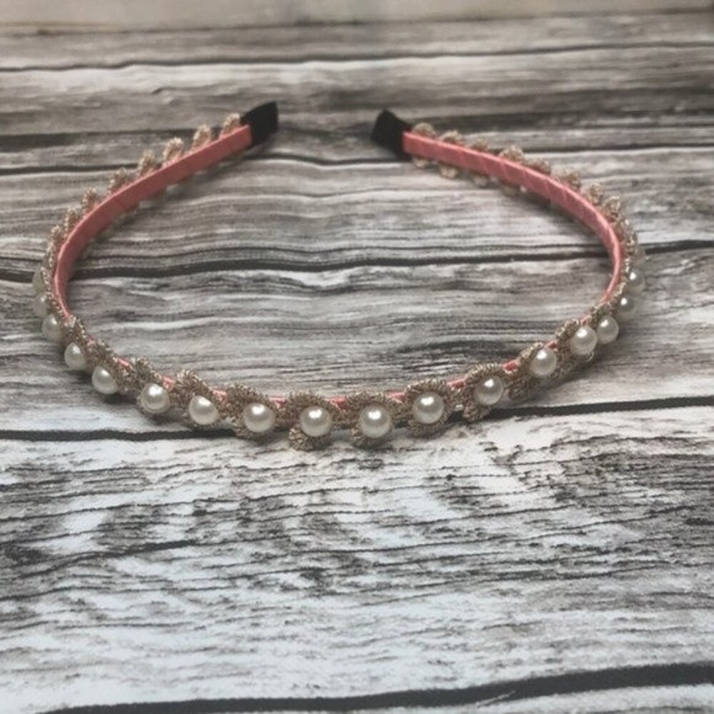 Women’s Faux Pearl Lace Embroidered Bridal Headband Pink Gold